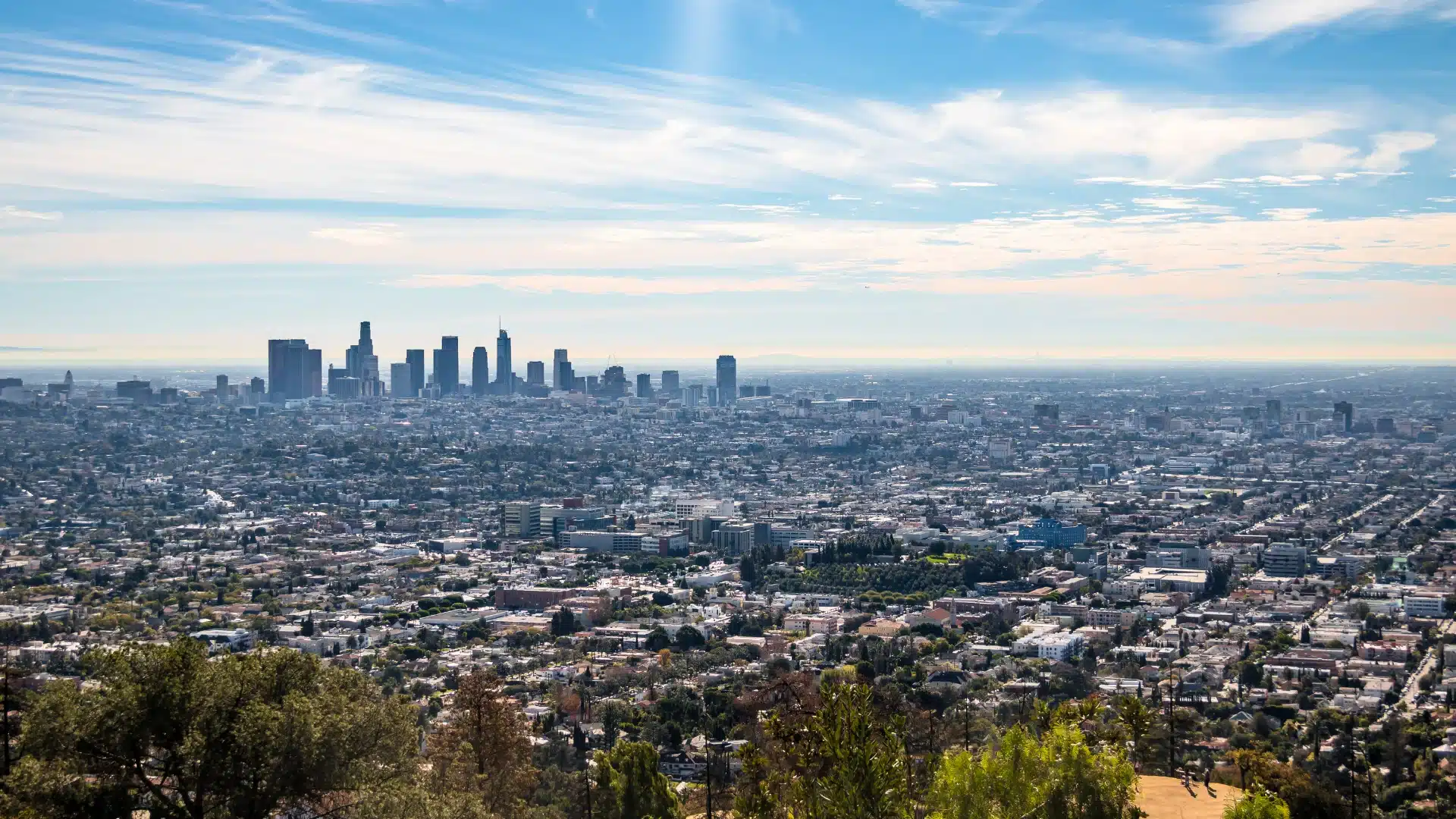 Daytime view of Los Angeles skyline with dense cityscape and clear blue sky