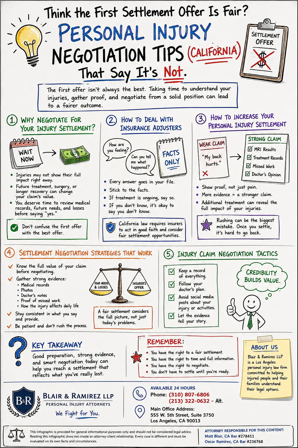 Poster displaying personal injury negotiation tips, featuring key strategies and advice for effective communication and settlement.