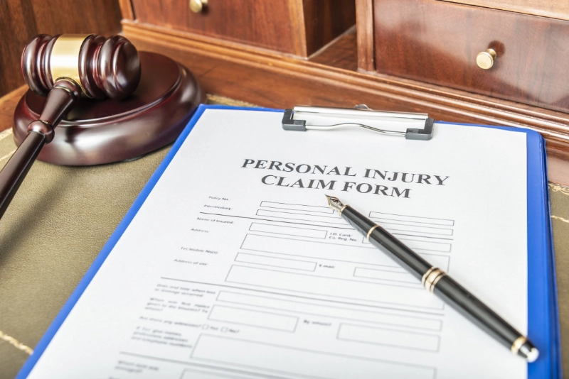 Personal injury claim form with a gavel and pen on a legal desk.