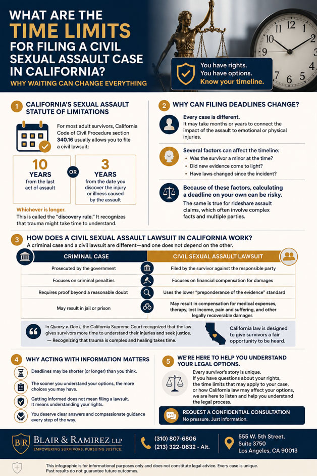 California civil sexual assault case filing time limits and statute of limitations explained in an infographic.