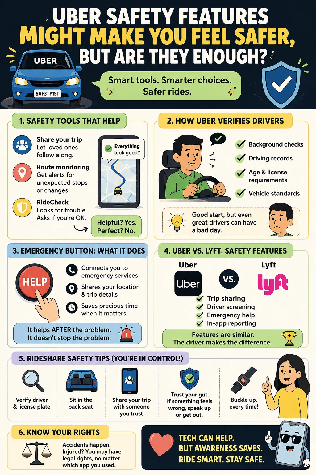 Uber and Lyft safety features including trip sharing, driver screening, emergency assistance, and reporting tools